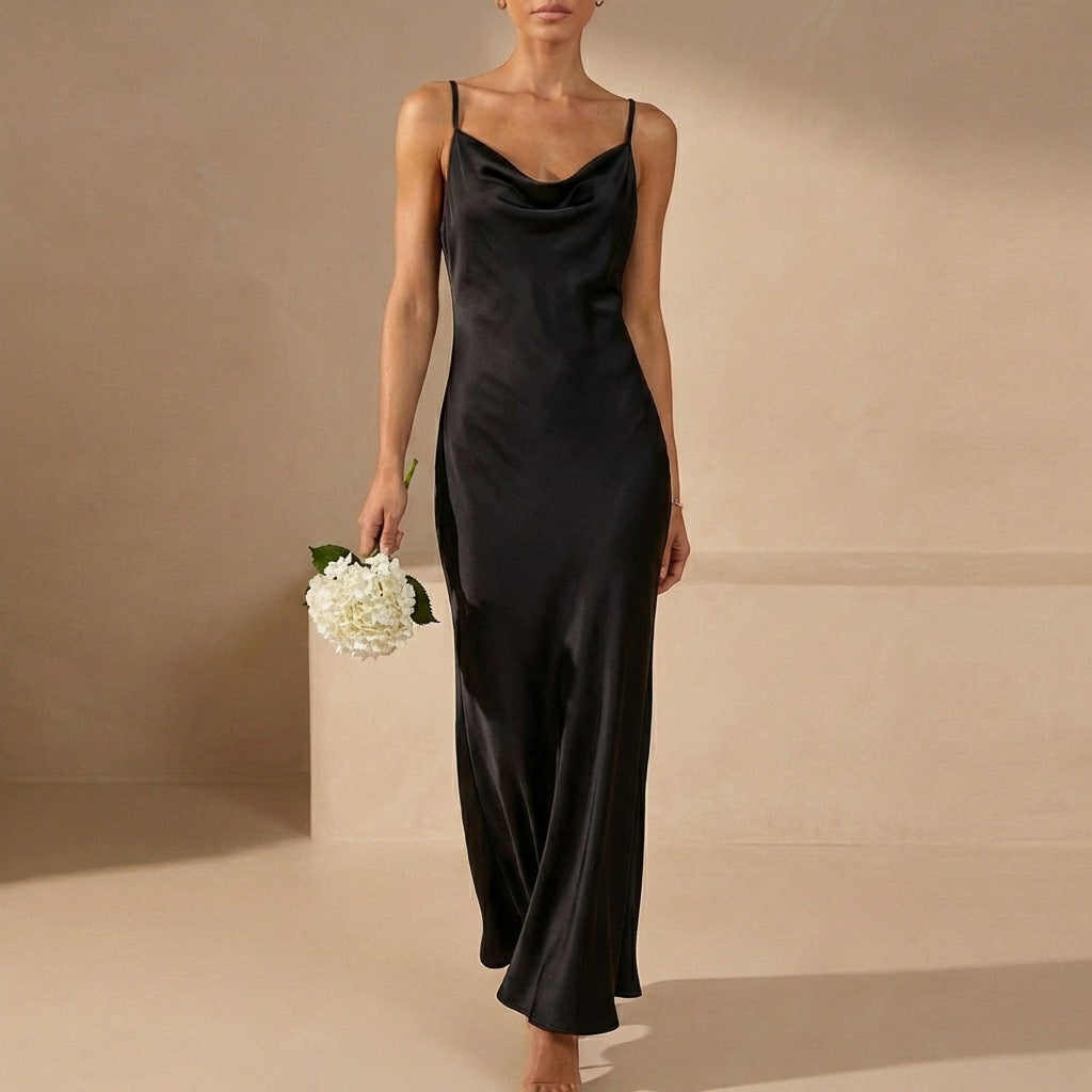 Satin Cowl Neck Maxi Dress for Women – Elegant Evening Glamour