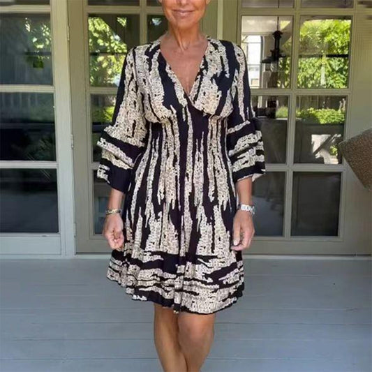 Women's Dress - V-neck - 3/4 Sleeves - Fitted Waist - Light and Elegant Design