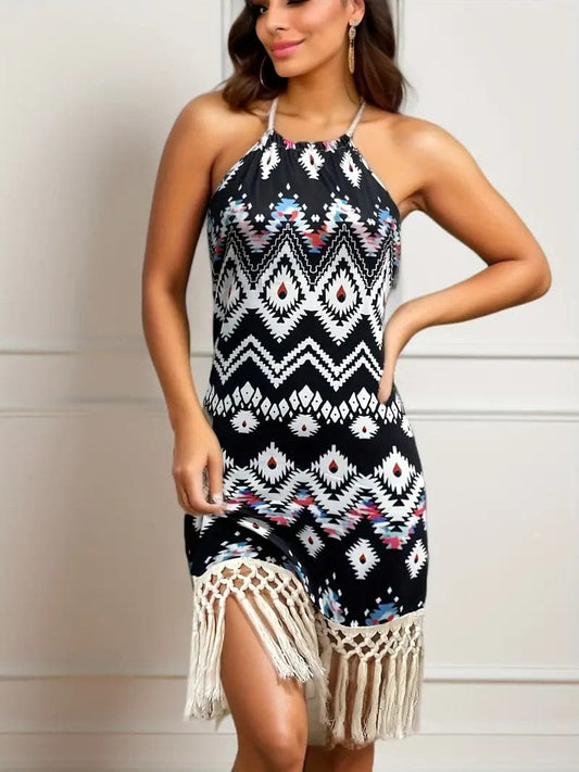 Women Halterneck Dress - Tight Fit - Knee Length - Bohemian Fringes