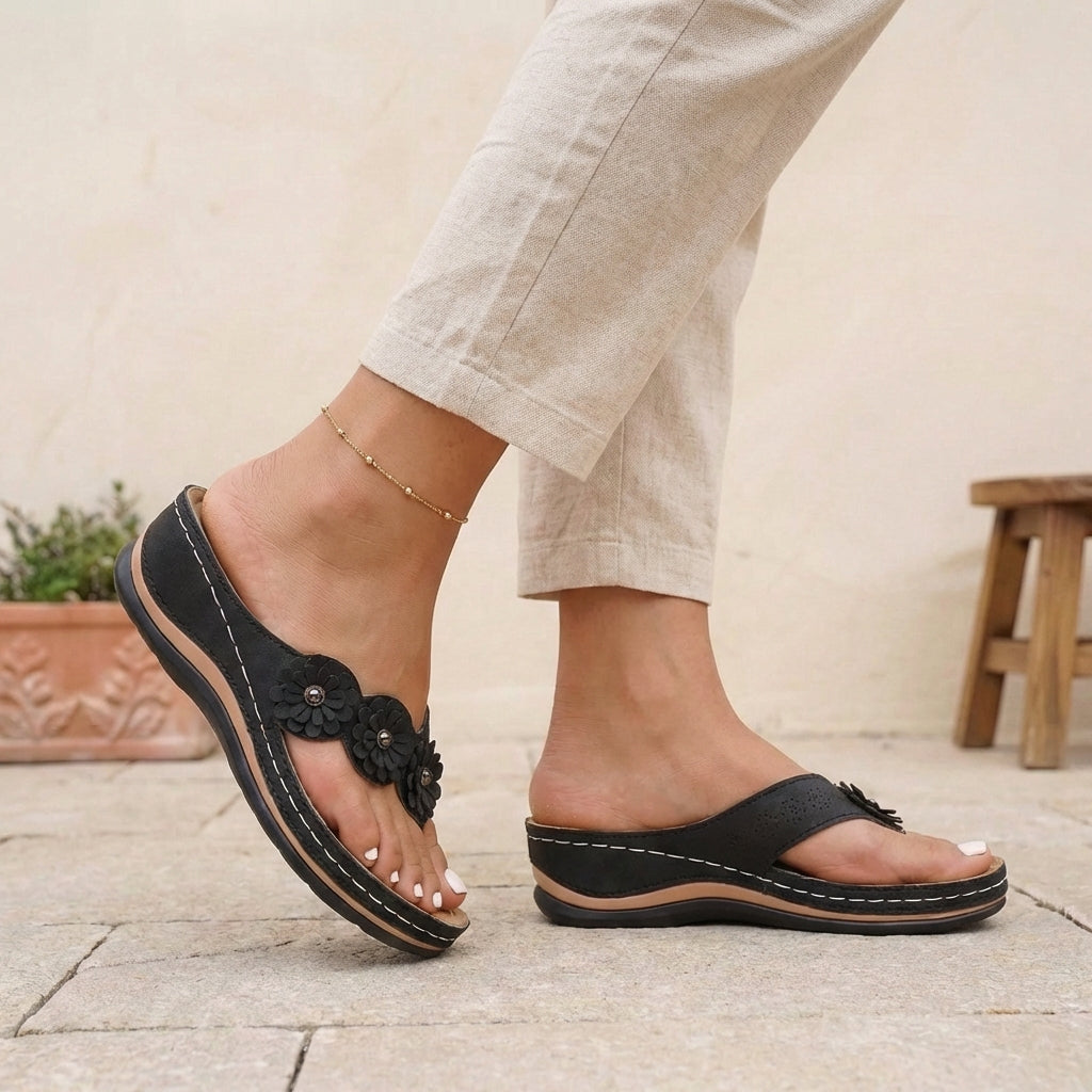 Floral Applique Wedge Flip-Flop Sandals for Women – Orthopedic Comfort & Style