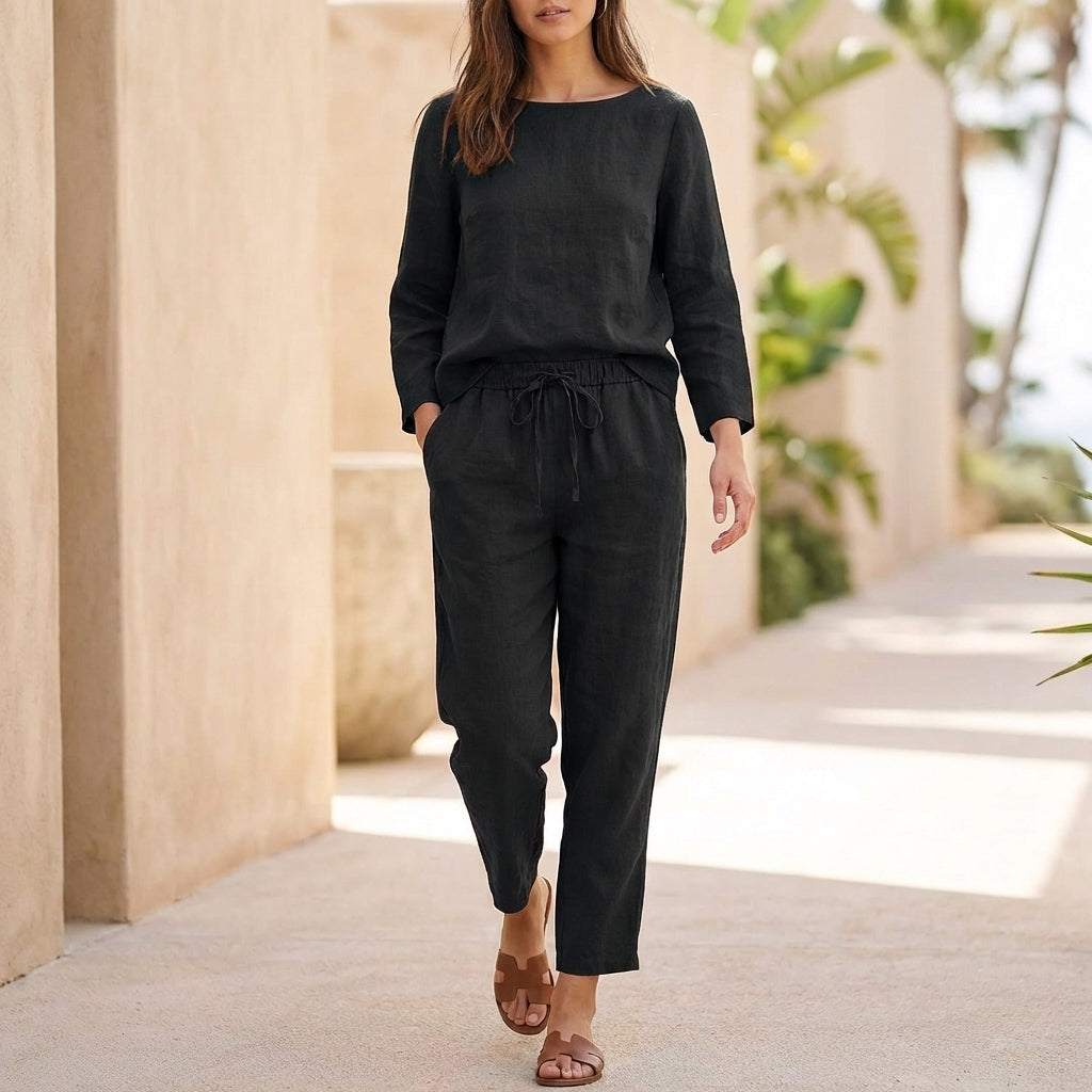 Relaxed Fit Blouse & Tie Waist Pants Set for Women – Casual Comfort & Style