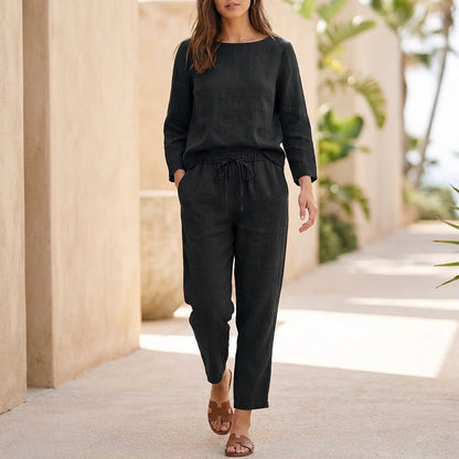Relaxed Fit Blouse & Tie Waist Pants Set for Women – Casual Comfort & Style