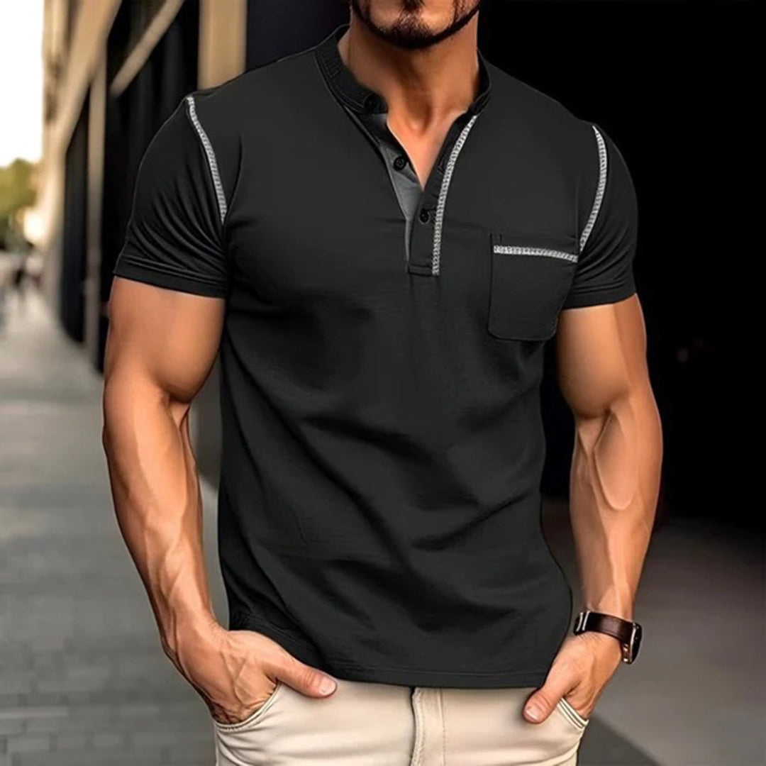 Men's Henley T-shirt - Button Closure - Chest Pocket - Short Sleeved - Slim Fit
