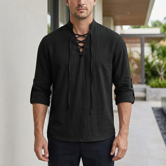 Relaxed Fit Lace-Up Stand Collar Henley Shirt for Men – Comfortable Casual Style