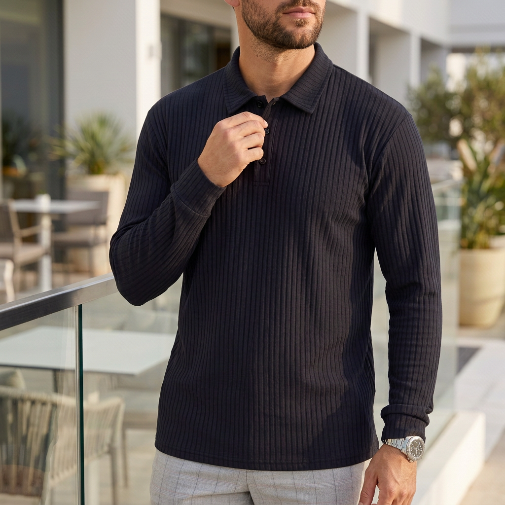 Ribbed Long Sleeve Polo Shirt for Men – Modern Everyday Comfort