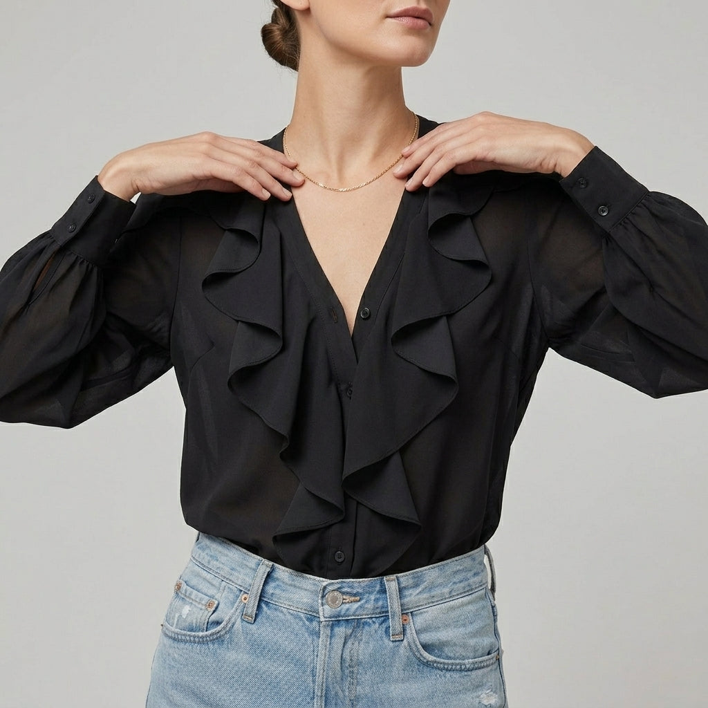 Layered Ruffle V-Neck Blouse for Women – Chic Feminine Elegance