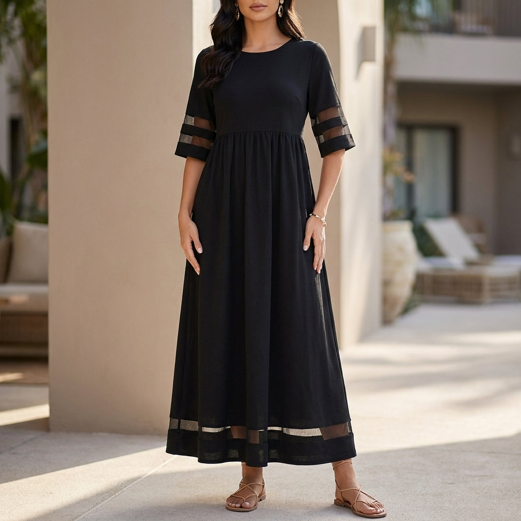 Sheer Panel Gathered Waist A-Line Maxi Dress for Women – Elegant Casual Comfort