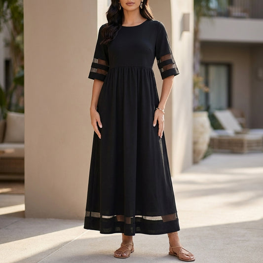 Sheer Panel Gathered Waist A-Line Maxi Dress for Women – Elegant Casual Comfort