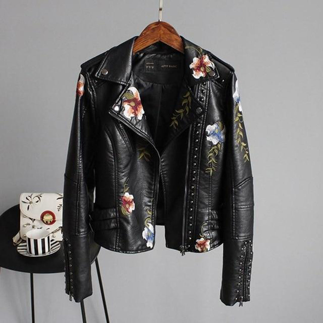 Lisa Leather Biker Jacket - Floral Embroidery