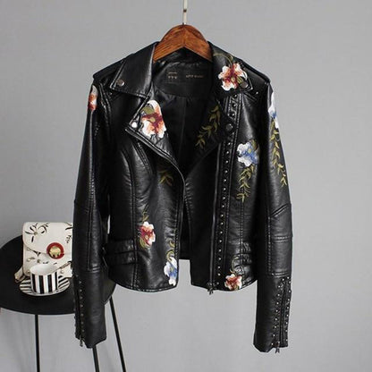 Lisa Leather Biker Jacket - Floral Embroidery