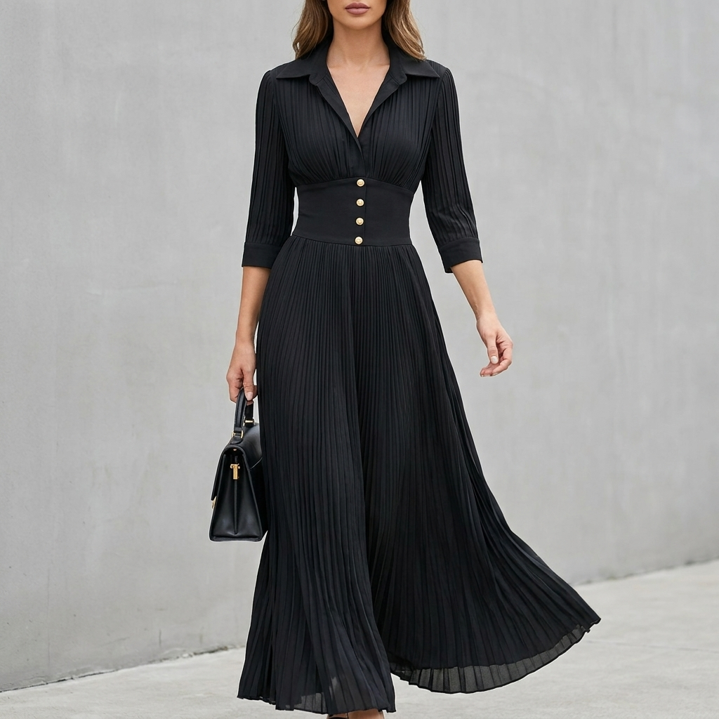 Pleated Button Front Corset Waist Fitted Waist A-Line Maxi Dress for Women – Elegant Semi-Formal Style