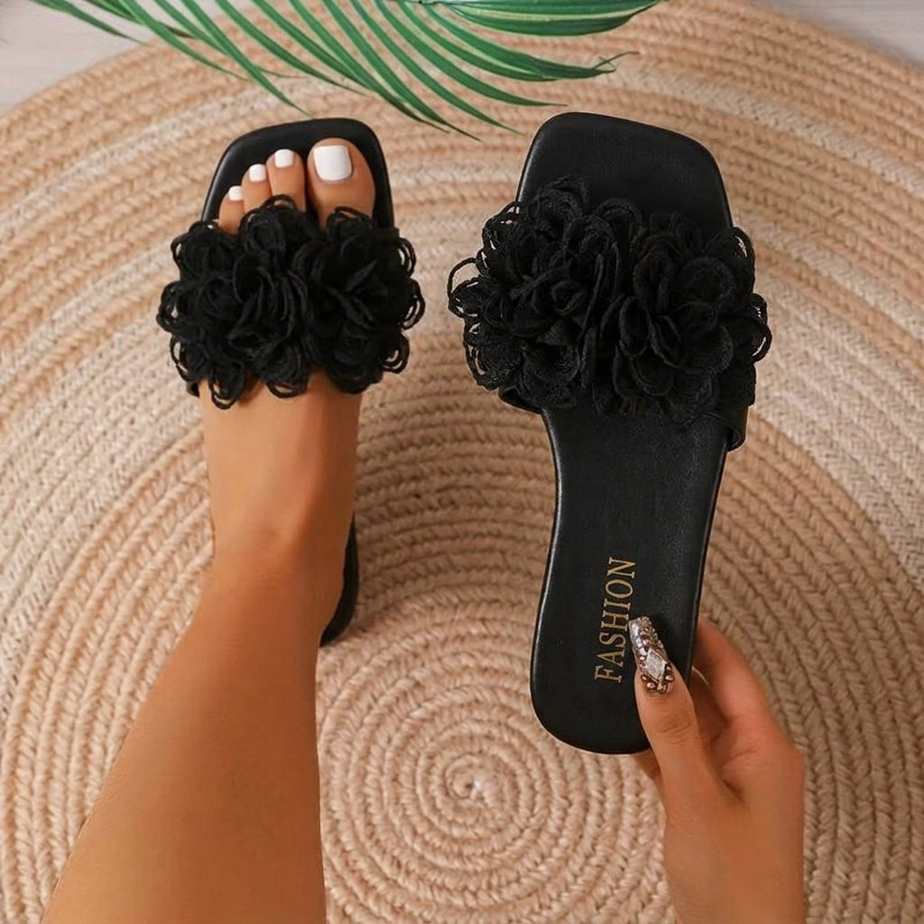 Women's Slide Sandals - Floral Appliqué - Flat Sole Comfort for Summer Days