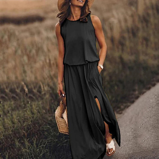 Women's Maxi Dress - Sleeveless and Light - Elastic Waist - Elegant with Side Slit