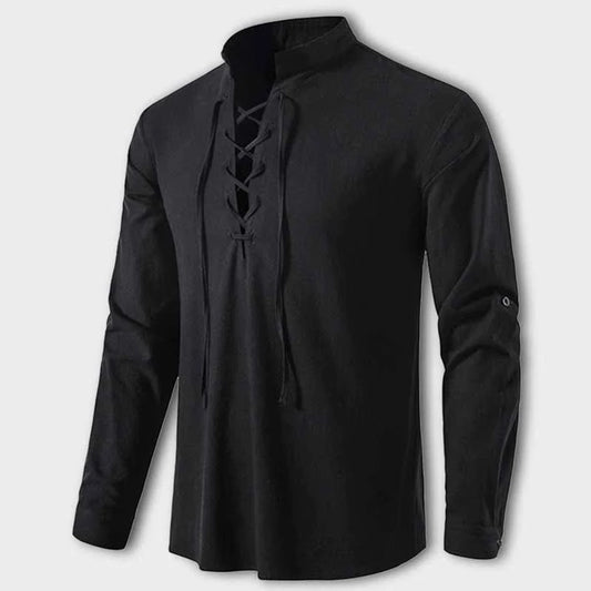 Men's Shirt - Long Sleeve with Lace Closure - Bohemian Style - Breathable Cotton/Linen