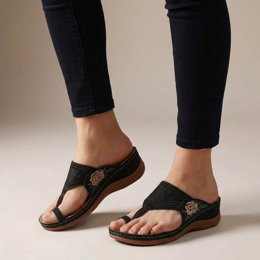 Embroidered Floral Orthopedic Wedge Sandals for Women – Stylish Comfort & Support