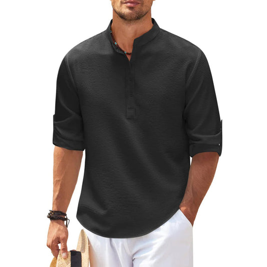 Men's Shirt - Mandarin Collar - Long Sleeves with Turn-Up - Relaxed Fit