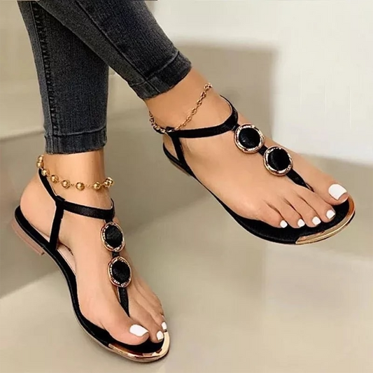 Women's Sandals - Flat Sole - Toe Strap with Decorative Elements - Adjustable Ankle Strap