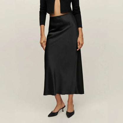 Draped Shiny Finish Flowy Silhouette Midi Skirt for Women – Elegant Day to Evening Style