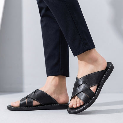 Cross-Strap Leather Slide Sandals for Men – Stylish Casual Comfort