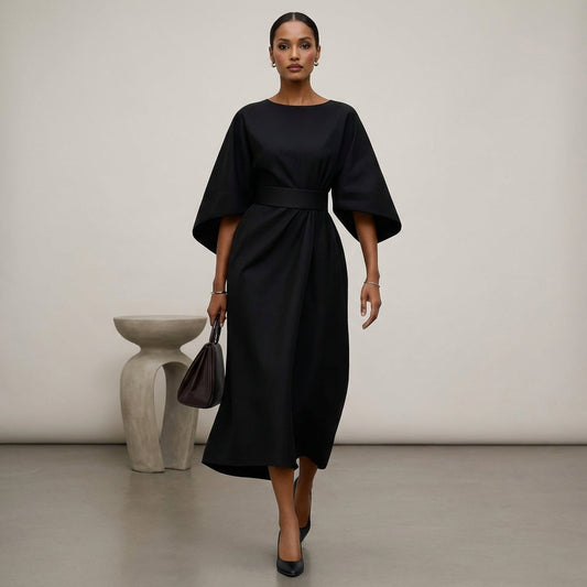 Relaxed Fit Belted Draped Midi Dress for Women – Elegant Stylish Comfort