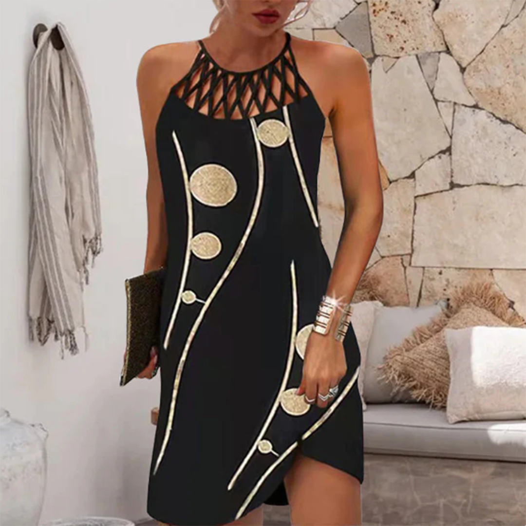 Women's Mini Dress - Sleeveless Halterneck - Embellished Pattern - Relaxed Fit
