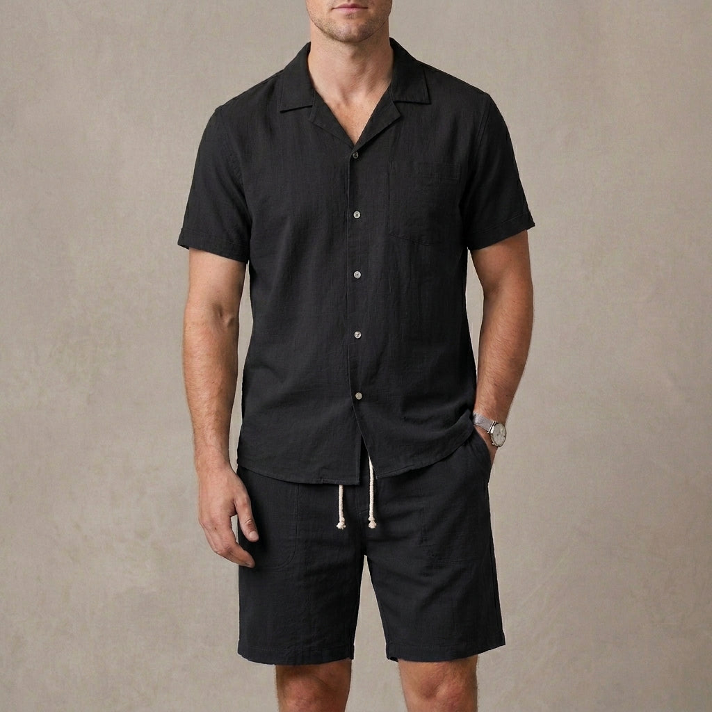 Relaxed Fit Cuban Collar Shirt and Drawstring Shorts Set for Men – Casual Comfort & Style