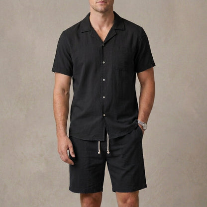 Relaxed Fit Cuban Collar Shirt and Drawstring Shorts Set for Men – Casual Comfort & Style