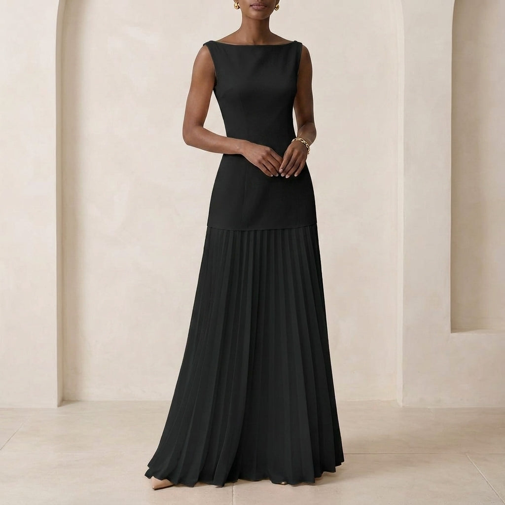 Pleated Fitted Bodice A-Line Maxi Dress for Women – Elegant & Flattering Fit