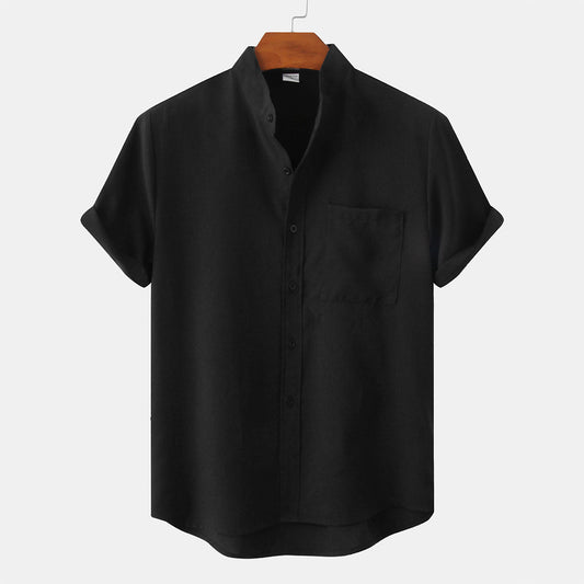 Men's Shirt - Short Sleeved with Mandarin Collar - Button Closure and Chest Pocket - Relaxed Fit