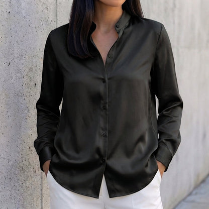 Tailored Relaxed Fit Band Collar Button-Up Shirt for Women – Timeless & Versatile