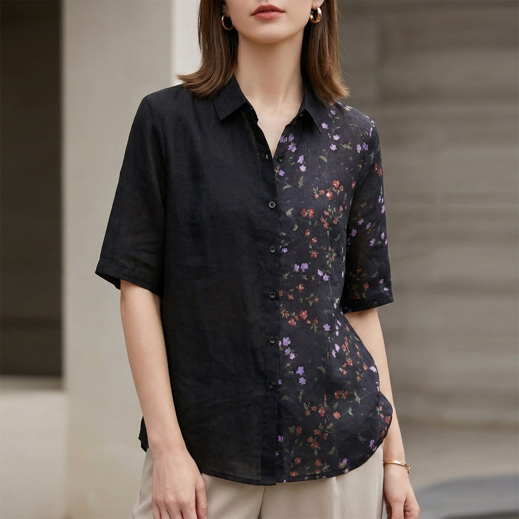 Two-Tone Leaf Print Relaxed Fit Blouse for Women – Stylish & Breathable Comfort