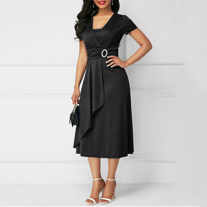 Women's Midi Dress - Wrap Design - V-Neck - Short Sleeves - Elegant Waist Belt