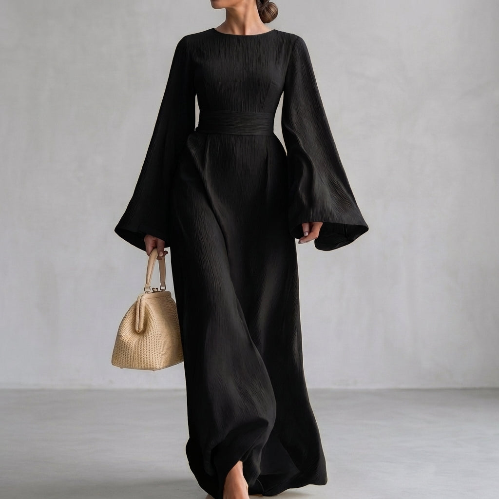 Pleated Bell Sleeve Maxi Dress for Women – Graceful Elegance & Timeless Style