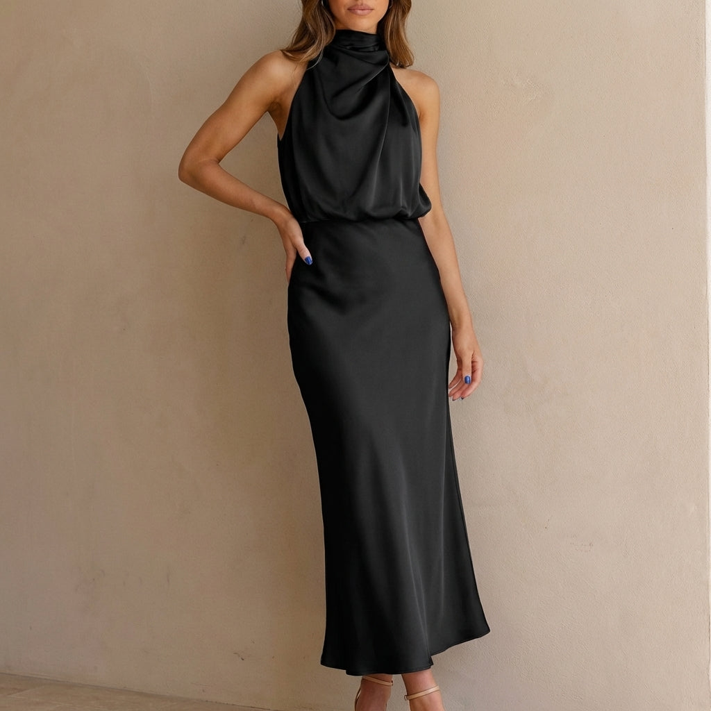 Draped Twisted Neck Blouson A-Line Maxi Dress for Women – Elegant Formal Style