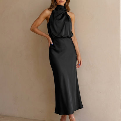 Draped Twisted Neck Blouson A-Line Maxi Dress for Women – Elegant Formal Style
