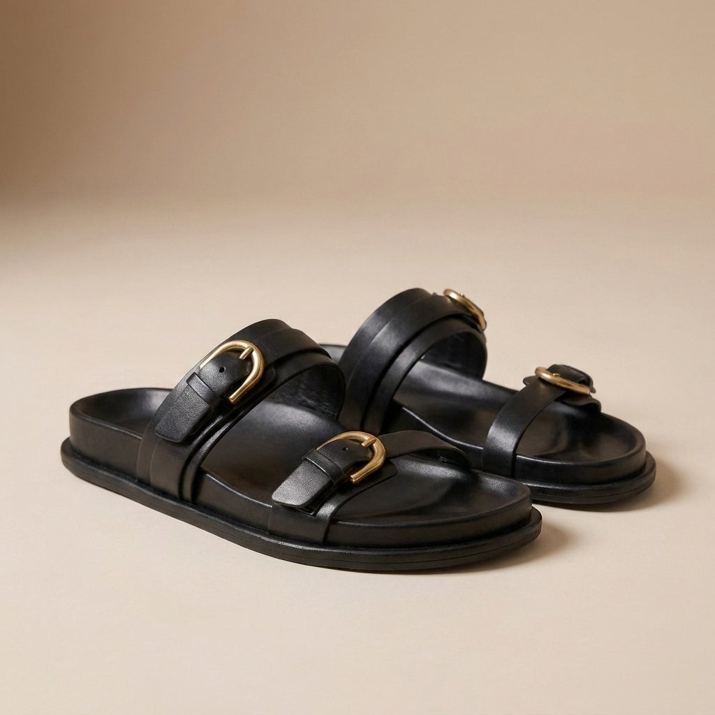 Buckled Strap Open Toe Leather Slides for Women – Orthopedic Cushion Comfort