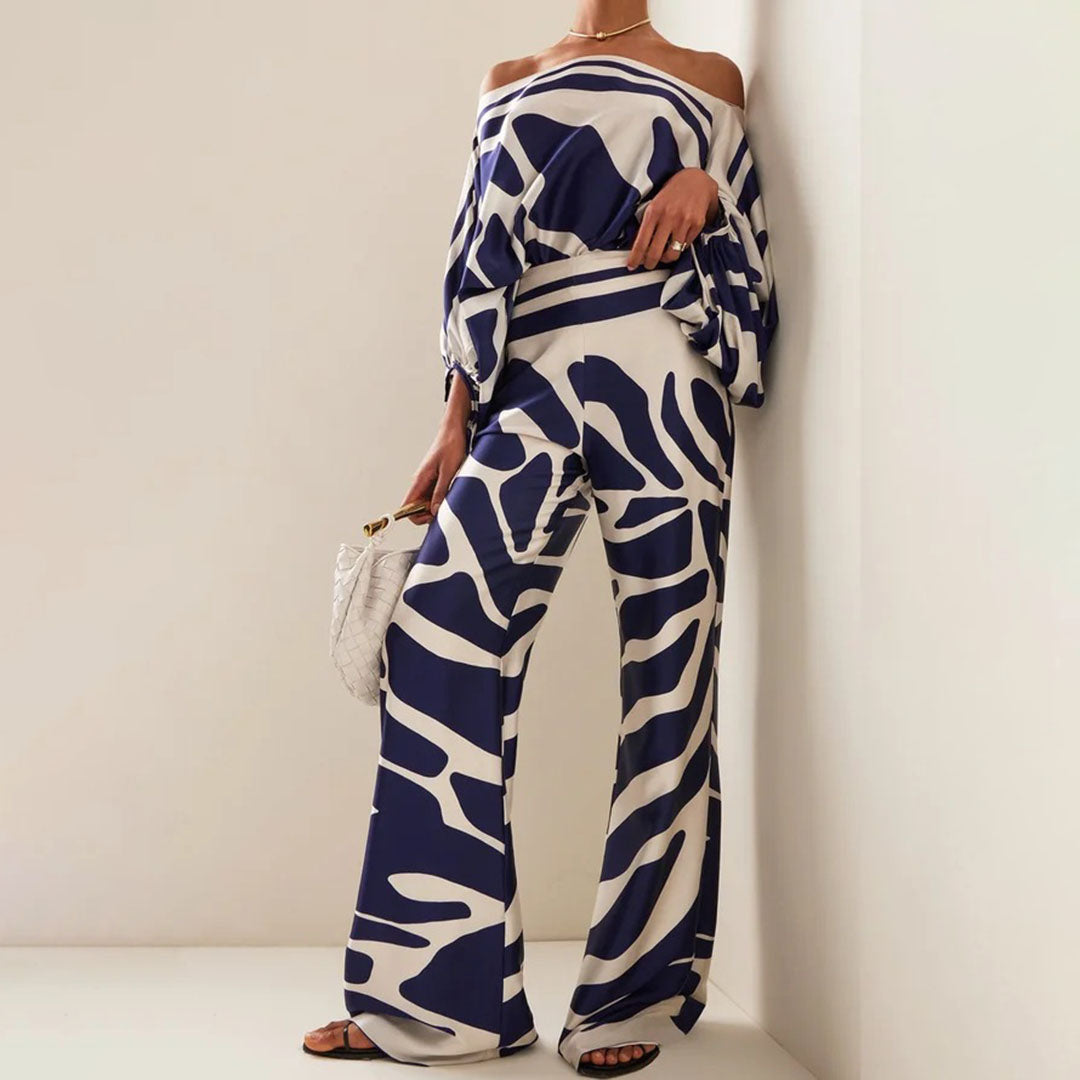 Women's Two-Piece Set – Off Shoulder Top – Wide Waist Pants – Silky Luxury Fabric