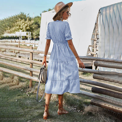 Women's Dress - Bohemian V-neck - Button Closure - Puff Sleeves - Light and Breathable