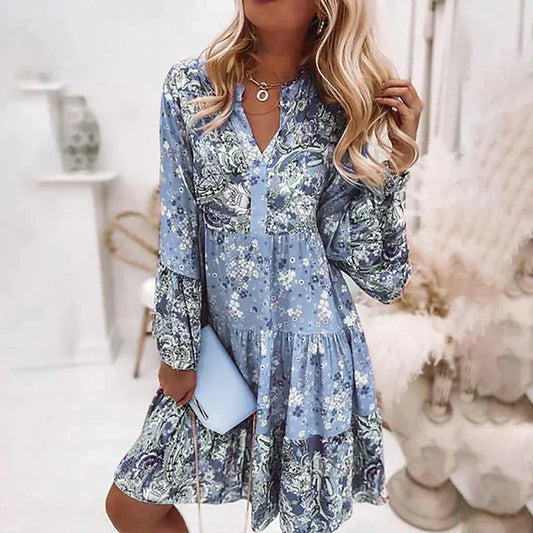 Women's Dress - Floral Paisley Pattern - A-line Fit - Knee Length with Long Sleeves - V-neck