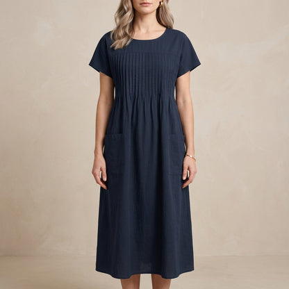 Pleated Pocket Midi Dress for Women – Relaxed Everyday Elegance
