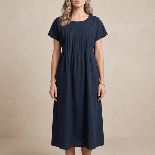 Pleated Pocket Midi Dress for Women – Relaxed Everyday Elegance