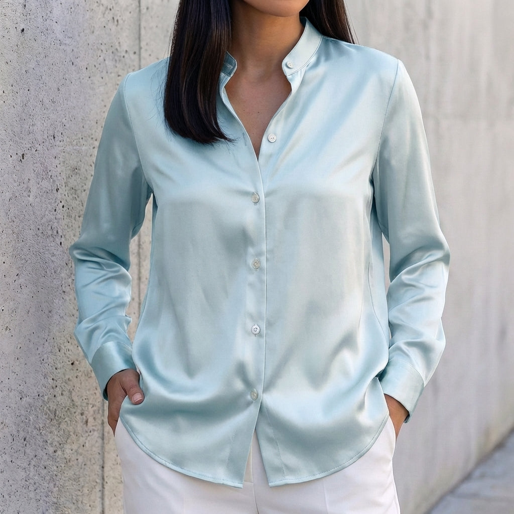 Tailored Relaxed Fit Band Collar Button-Up Shirt for Women – Timeless & Versatile