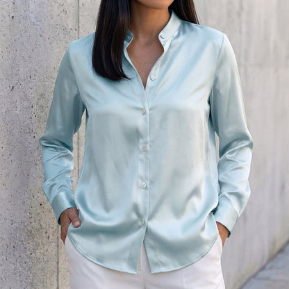 Tailored Relaxed Fit Band Collar Button-Up Shirt for Women – Timeless & Versatile