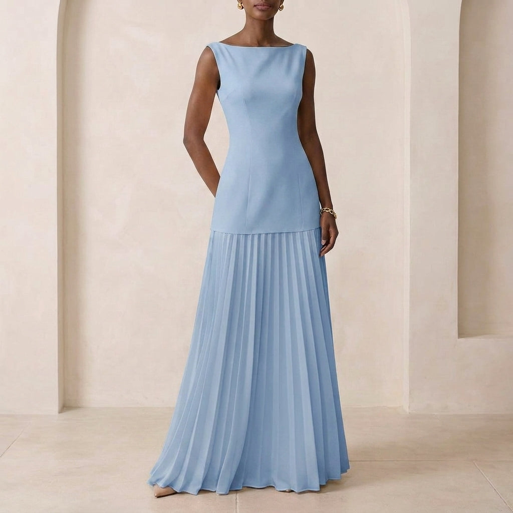 Pleated Fitted Bodice A-Line Maxi Dress for Women – Elegant & Flattering Fit