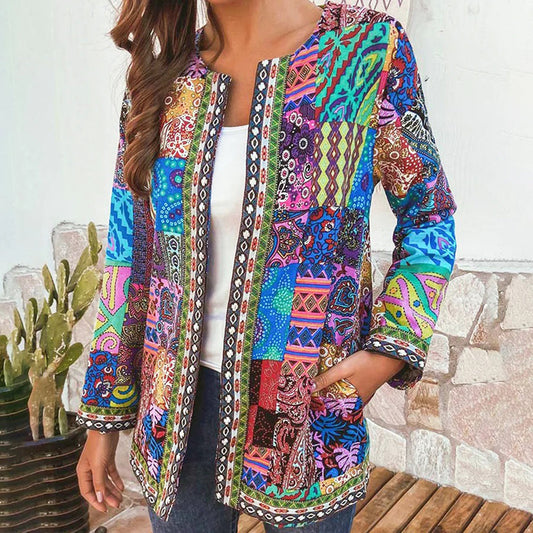 Women's Jacket - Patchwork Design - Open Front - Long Sleeves - Bohemian Style