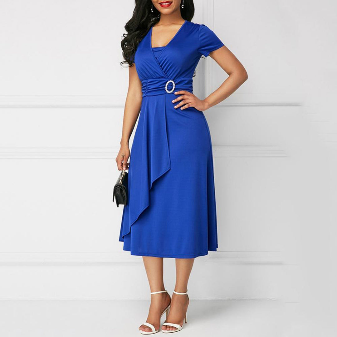 Women's Midi Dress - Wrap Design - V-Neck - Short Sleeves - Elegant Waist Belt