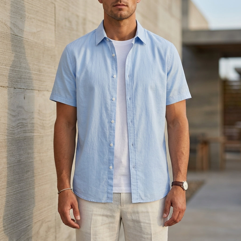 Relaxed Fit Collared Short Sleeve Button-Up Shirt for Men – Casual Comfort & Style
