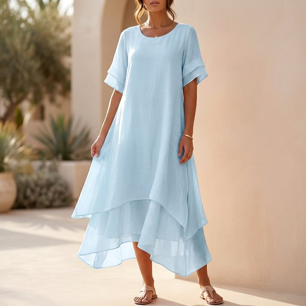 Tiered Ruffled Asymmetrical Hem Midi Dress for Women – Stylish Comfortable Everyday Wear