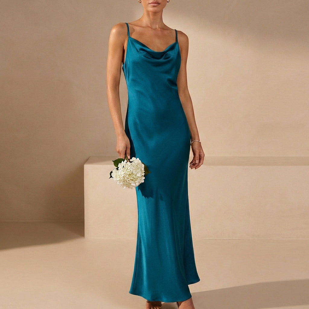 Satin Cowl Neck Maxi Dress for Women – Elegant Evening Glamour