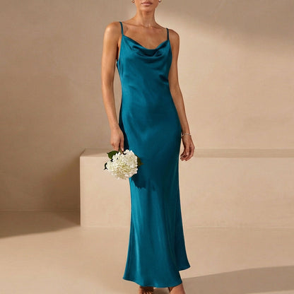 Satin Cowl Neck Maxi Dress for Women – Elegant Evening Glamour